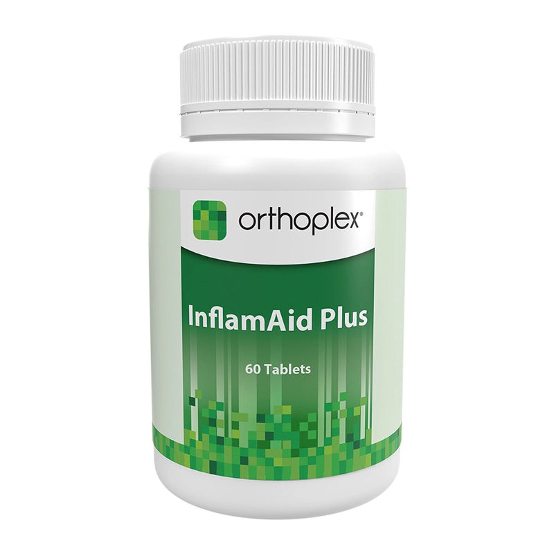 A Supplement container with the name InflamAid Plus by Orthoplex Green.