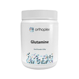 A Supplement container with the name Glutamine by Orthoplex White.
