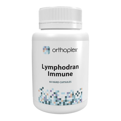 A Supplement container with the name Lymphodran Immune by Orthoplex White.