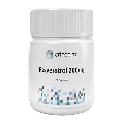 A Supplement container with the name  Resveratrol (200mg) by Orthoplex White.