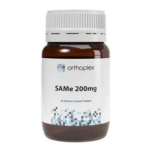 A Supplement container with the name SAMe 200mg by Orthoplex White