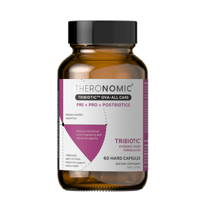 A Supplement container with the name Ova-all Ovary Care by Theronomic.