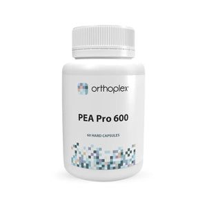 A Supplement container with the name PEA Pro 600 by Orthoplex White.