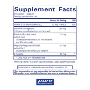 ext listing the ingredients including Vitamin D, Sensoril,  Rhodiola, Magnolia, L-theanine
