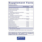 Text listing the ingredients including Alpha Lipoic acid, Thioctic acid, NAC, N-Acetyl-l-Cysteine, Tumeric, Cucuma Longa, Curcumin, Milk Thistle, Silybum marianum, Broccoli, Brassica oleracea, Artichoke, Cynara scolymus, Taurine, Glycine, L-Glutamine, L-Methionine, Chlorella