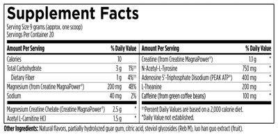 Text describing the ingredients:  Magnesium, Sodium, Creatine, N-Acetyl-L-Tyrosine, Adenosine 5'-Triphosphate Disodium, L-Theanine, Caffeine.