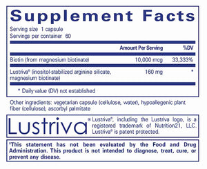 Supplement facts for Biotin Complex Hair & Skin 60c listing ingredients including Arginine, Biotin, Inositol, Lustriva, Magnesium