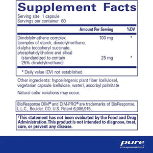 Text describing the Ingredients: Diindolylmethane complex (complex of starch, diindolylmethane, d-alpha tocopheryl succinate, phosphatidylcholine and silica) (Standardized to contain 25% diindolylmethane).