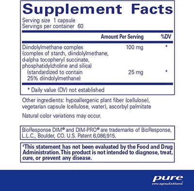 Text describing the Ingredients: Diindolylmethane complex (complex of starch, diindolylmethane, d-alpha tocopheryl succinate, phosphatidylcholine and silica) (Standardized to contain 25% diindolylmethane).