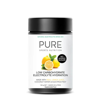 A Supplement container with the name Electrolyte Hydration Low Carb (Lemon Juice) by Pure Sports Nutrition.