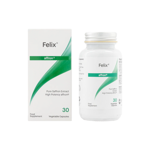 Image of a white bottle that says felix affron pure saffron extract high potency affron Food Supplement 30 vegetable capsules 
