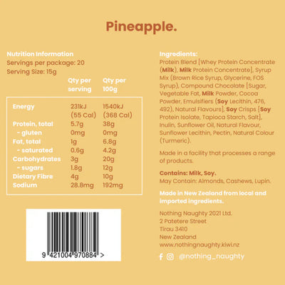 Ingredients: Protein Blend [Whey Protein Concentrate (Milk), Milk Protein Concentrate, Whey Protein Isolate (Milk)], Imo Syrup, Brown Rice Syrup, Glycerine, Cocoa Soy Crisps (Soy Protein Isolate, Cocoa, Tapioca Starch), Compound Chocolate (10%) [Sugar, Vegetable Fat, Milk Powder, Cocoa Powder, Emulsifiers (Soy Lecithin, 476, 492), Natural Flavourings], Inulin, Sunflower Oil, Emulsifier (Sunflower Lecithin), Natural Flavourings, Natural Colour (Turmeric).
Contains: Milk, Soy 

May Contain: Almonds, Cashews, 