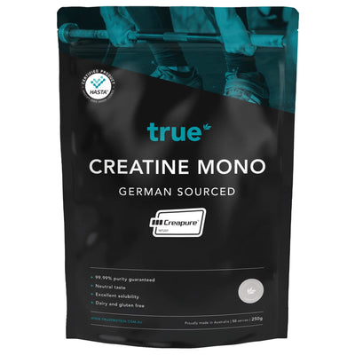 Image of a black packet true creatine mono german sourced. 