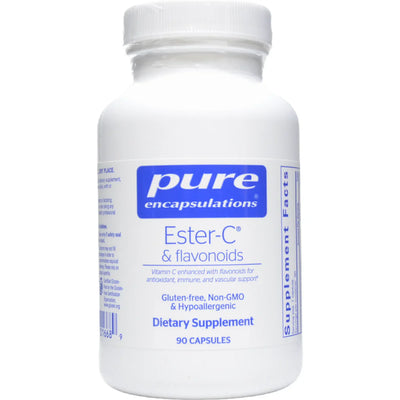 A Supplement container with the name Ester-C & flavonoids by Pure Encapsulations.