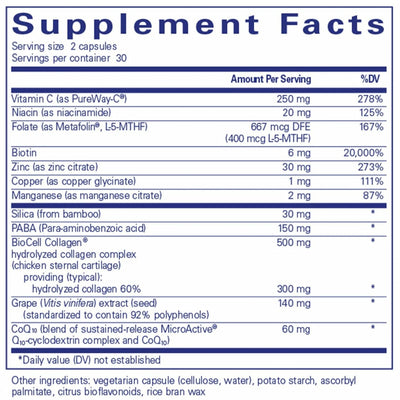 Ingredients: Vitamin C, Niacin, Folate, Biotin, Zinc, Copper, Manganese, Silica, Paba, Grape, CoQ10, BioCell collagen.