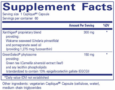 Text describing the ingredients: Xanthigen , Wakame Seaweed, pomegranate Seed oil, Green Tea (Camellia Sinensis) Soy Lecithin phospholipids