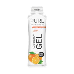 A Supplement container with the name Fluid Energy Gel (Orange Flavour with real orange juice + 30g Carbs) by pure Sports Nutrition.