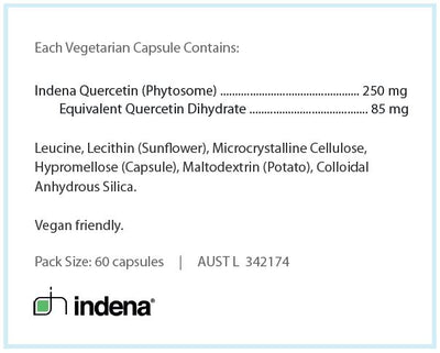 Text describing the ingerdients: Indena Quercetin (phytosome), Equivalent Quercetin Dihydrate.