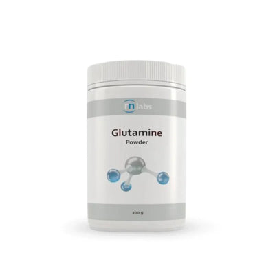 Image of a whote supplement bottle that says RN labs Glutamine Powder 200g 