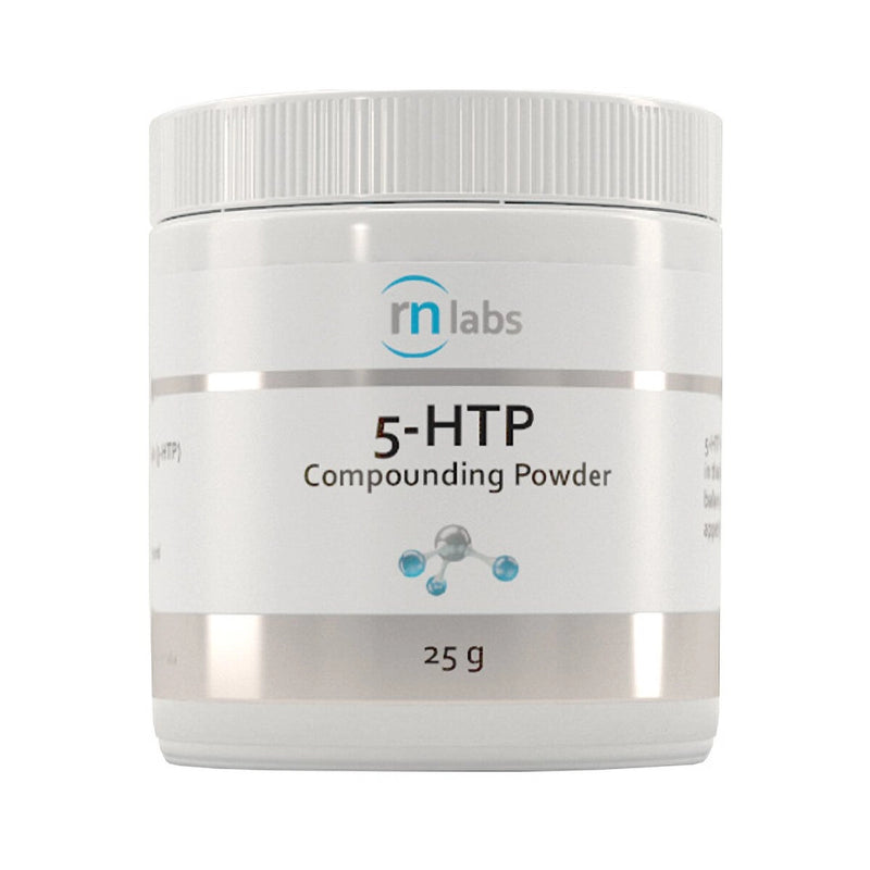 Image of a white supplement bottle that says 5-HTP Compounding powder 25g Rn Labs 