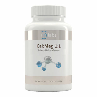 Image of a white supplement bottle that says Cal:Mag 1:1 RN labs Balanced Calcium Support 60 Capsules 
