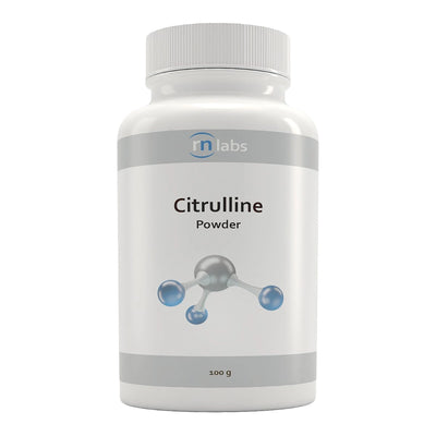 Image of a white supplement bottle that says rn labs citrulline powder 100g 
