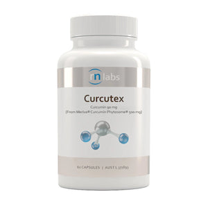 image of a white supplement bottle that says rn labs curcutex curcumin 90 mg (from meriva curcumin phytosome 500mg) 60 capsules 