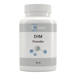 Image of a white supplement bottle that says rn labs DIM powder 50g 