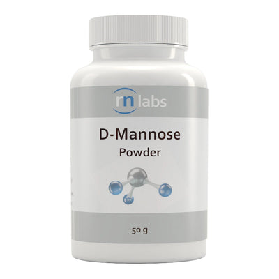 Image of a white supplement bottle that says rn labs D-Mannose Powder 50g 
