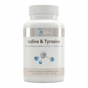 Image of a white supplement bottle that says rn labs iodine and tyrosine iodine (as potassium iodide) 225mcg L- Tyrosine 500mg manufactured by thorne research 60 capsules 