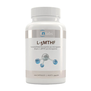 Image of a white supplement bottle that says rn labs L-5 MTF Levomefolate Glucosamine 902 micrograms (Equiv. L-5MTHF 500 micrograms) 120 capsules 