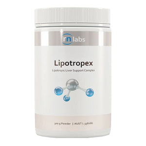 Image of a white supplement bottle that says lipotropex lipotropic liver support complex 300g powder 