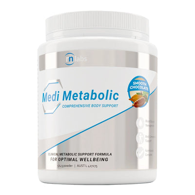 A Supplement container with the name Medi Metabolic (Smooth Chocolate) by RN Labs.