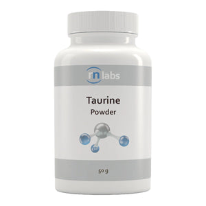 Image of a white supplement bottle that says rn labs taurine powder 50g 