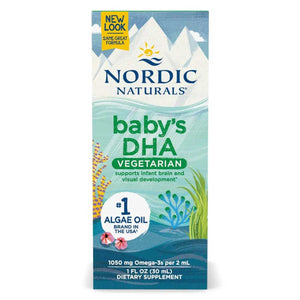 A Supplement container with the name Baby's DHA Vegetarian by Nordic Naturals.