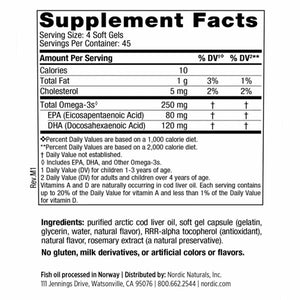 Supplement facts for Children's DHA Strawberry 180sg listing ingredients including Cod liver, Cod liver oil, DHA, Docosahexaenoic acid, EPA