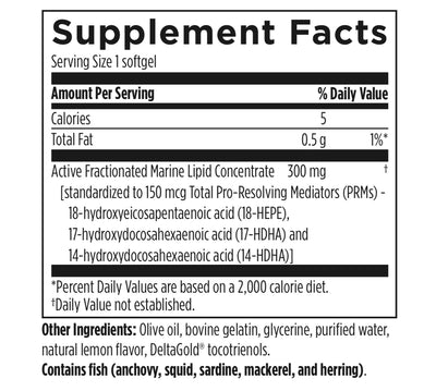 Image of ingredients:
Active fractionated marine lipid concentrate, 18-hydroxyeicosapentaenoic acid (18-HEPE), 17-hydroxydocosahexaenoic acid (17-HDHA), 14-hydroxydocosahexaenoic acid (14-HDHA), Olive oil, bovine gelatin, glycerine, purified water, natural lemon flavour, deltagold tocotrienols