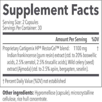 Ingredients: Proprietary Cartigenix HP RestorCel blend, 1100mg Indian frankincense (gum resin) extract (std to 20% boswellic acid, 2.5% serratol, 2.5% tirucallic acid), Wild celery (seed) extract (Ajmoda) (std to 2,.5% apiin, bergapten, seselin).
