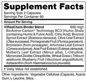 Image of ViRad Chem Binder table of content: Bioactive Carbon, Broccoli Sprouts extract, olive leaf extract, pomegranate fruit, bromeleain, artichoke leaf extract, acai fruit extract, mulberry leaf extract, l-citrulline, micronised zeolite cliniptilolite, wheat grass, blueberry fruit, astaxanthin.