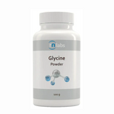Image of a white supplement bottle that says rn labs glycine powder 100g 