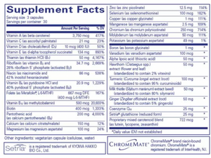 Beta carotene,
Lycopene,
Lutein,
Zeaxanthin,
Vitamin C,
Vitamin E,
Vitamin D3,
Vitamin B1,
Vitamin B2,
Niacinamide and Inositol hexaniacinate,
Vitamin B5,
Vitamin B6, 
Vitamin B12 (methylcobalamin), Ginger,
Milk thistle,
Turmeric.