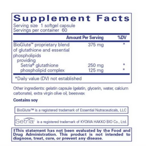 Ingredients:  BioGlute proprietary blend of glutathione and essential phospholipids, providing 250mg Setria glutathione and 125mg phospholipids complex 