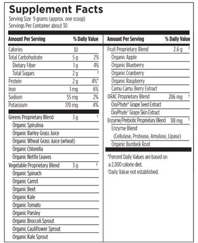 Image of PaleoGreens (unflavoured) Designed for Health usa 270g contents:
Spirulina, Barley Grass Juice, Wheat Grass Juice, Chlorella, Nettle leaves, Vegetable proprietary blend, spinach, carrot, beet, kale, tomato, parsley, broccoli sprout, cauliflower sprout, kale sprout, apple, blueberry, cranberry, raspberry, camu camu berry extract, Orac propietary blend, OxyPhyte Grape Seed Extract, OxyPhate grape skin Extract, Enzyme/prebiotic proprietary blend, Enzyme Blend, Cellulase, Protease, Amylase, Lipase