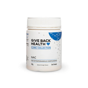 A Supplement container with the name NAC 100g by Give Back Health.