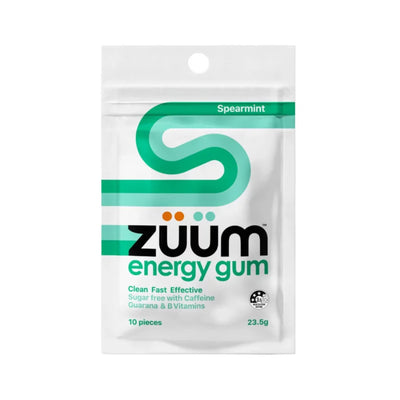 Image of a white supplement pcket that says Spearmint Zumm Energy Gum Clean fast effective sugar free with caffeine guarana and B vitamins 10 pieces 23.5g 