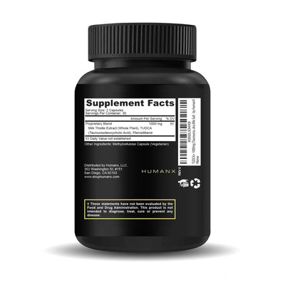 A bottle listing ingredients including Milk thistle extract, Tudca, Tauroursodeoxycholic acid and Pterostilbene.