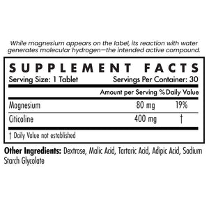 Supplement facts for H2Focus 30t listing ingredients including Citicoline, Magnesium