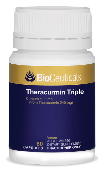 BioCeuticals product bottle of Theracurcumin triple 60 capsules. Blue and gold label with white bottle