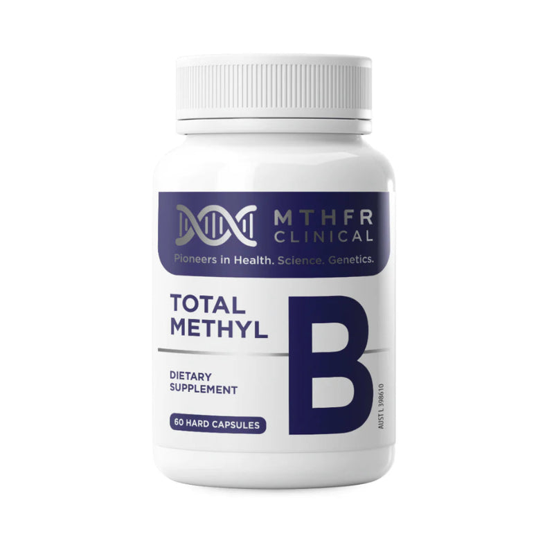 A Supplement container with the name Total B Methyl by MTHFR Support Australia.