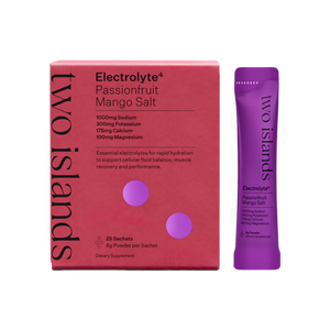 A Supplement container with the name Electrolyte Passionfruit mango Salt by Two Island.